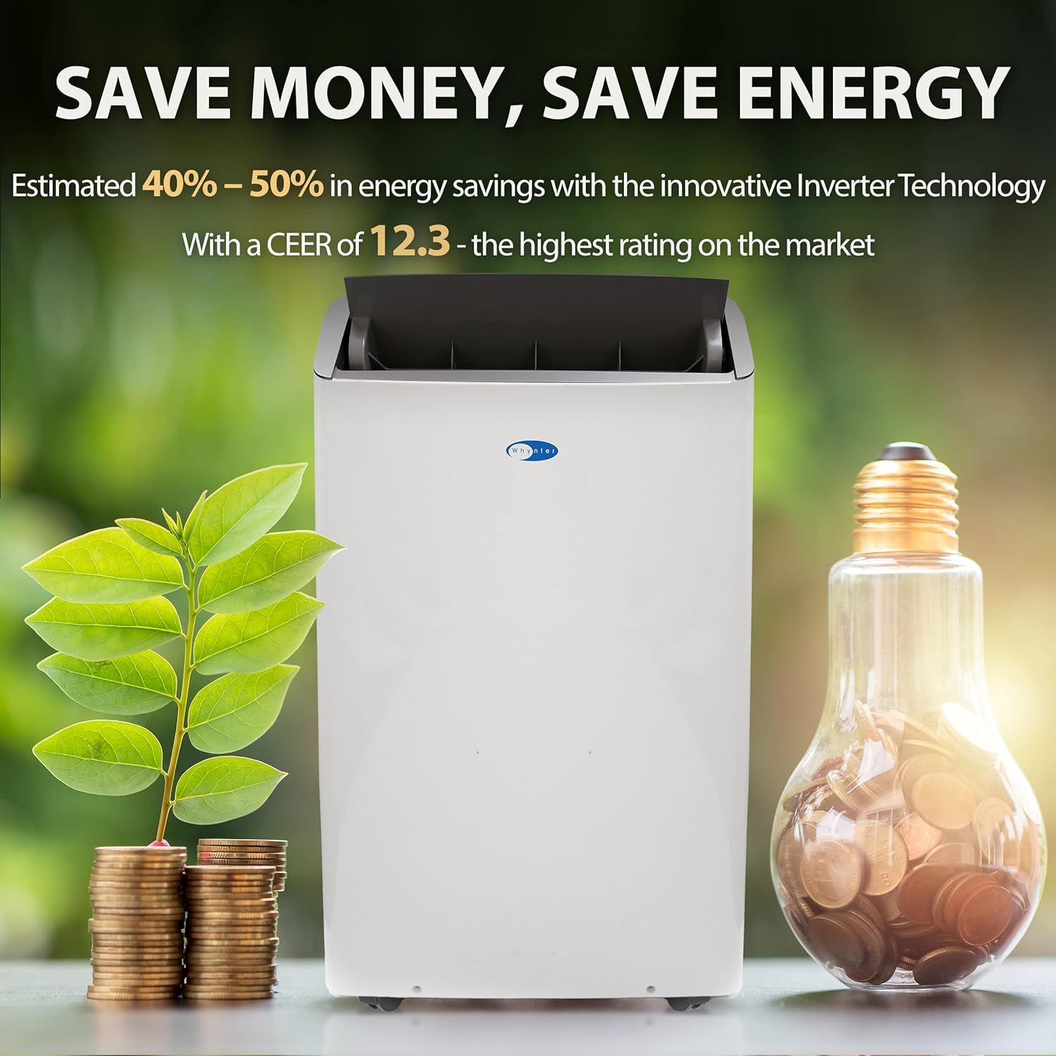 Whynter Inverter Portable Air Conditioner 12,000 BTU with Dual Hoses, Dehumidifier, Cooling Fan & Smart Wi-Fi for 500 Sq Ft Rooms, NEX ARC-1030WN (10,000 SACC), White