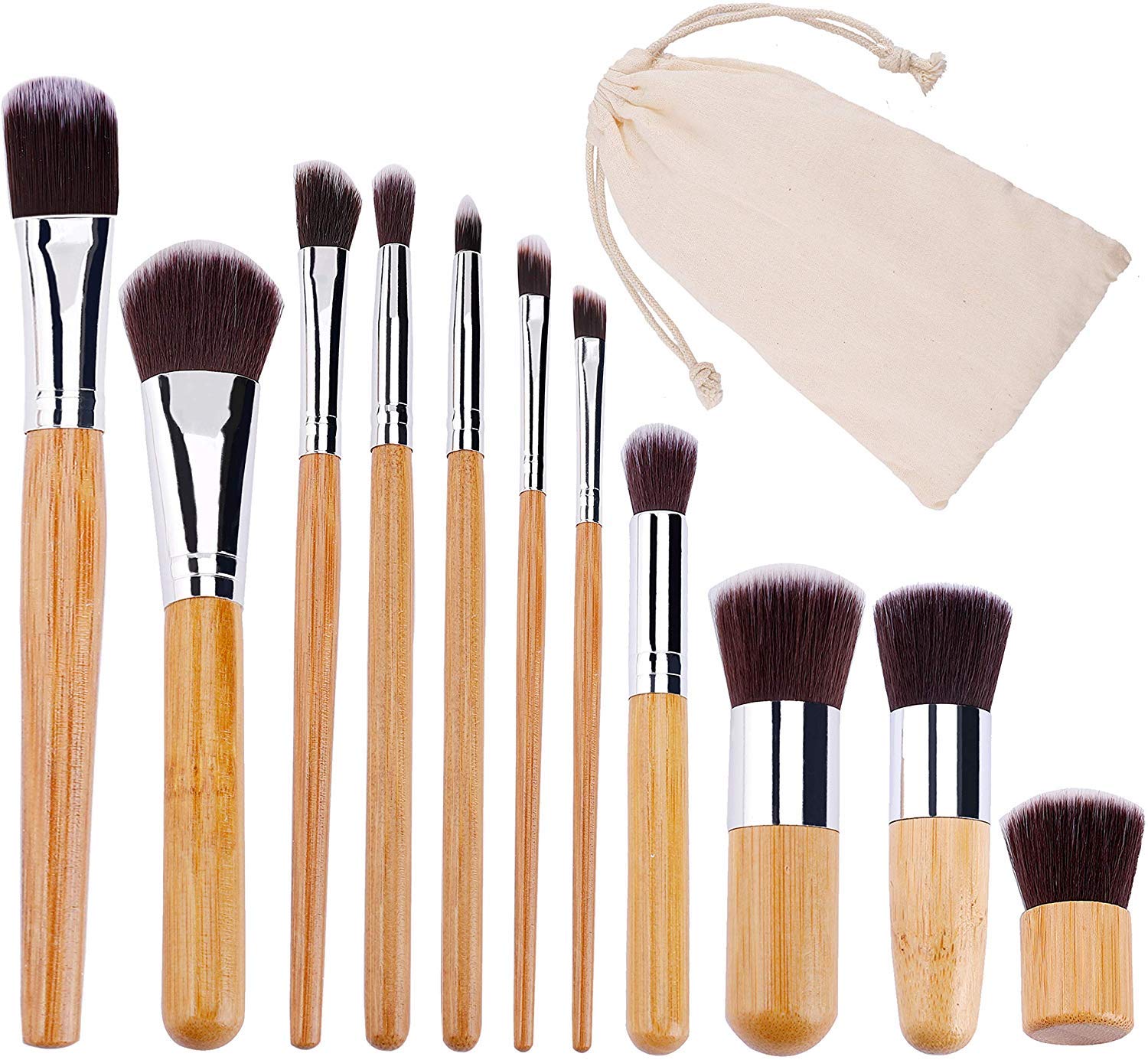 VOANZO 11pcs Makeup Brush Set Natural Bamboo Soft Synthetic Make up Brushes Set Concealers Lip Eyeshadows Blending Brush Kit with Travel Pouch