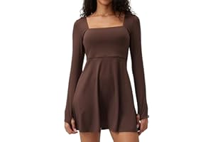 SUHK ASANA Square Neck Long Sleeves Tennis Dress Casual One Piece Exercise Dress with Built-in Bra