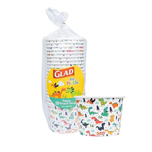 Glad for Kids Dinosaurs Paper Snack Bowls, Lids Not Included - Colorful Heavy Duty, Microwavable, Disposable Snack Cups with Lid for Soup or Ice Cream, 12 Ounce, 20 Count