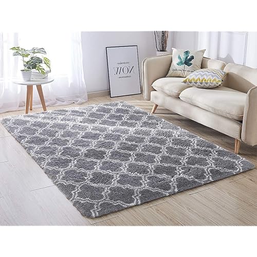 Super Soft Indoor Modern Shag Area Silky Smooth Rugs Fluffy Anti-Skid Shaggy Area Rug Dining Living Room Carpet Comfy Bedroom Floor Mat 4- Feet by 5- Feet (Grey Trellis)