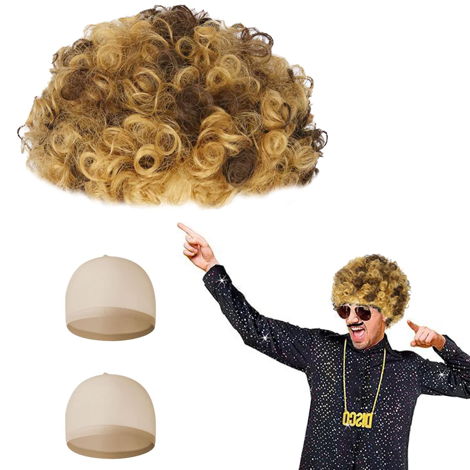 Aomig Adults Curly Afro Wig, 3 Pcs Disco Hippie Costume, Hippie Costume Set, Novelty Men Short Curly Afro Wig, 60s 70s Hippy Fancy Dress Mens Accessories, Party Clown Wigs Fancy Dress Accessory
