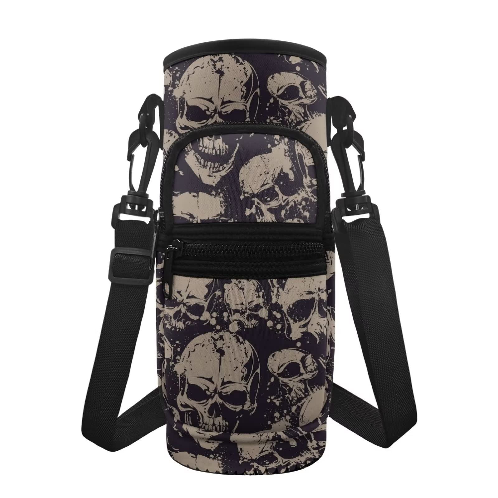 HUGS IDEA Water Bottle Carrier Bag with Adjustable Shoulder Strap, Cool Gothic Skull Print Neoprene Bottle Pouch Holder with 2 Pockets Water Bottle Sleeve Sling Bag
