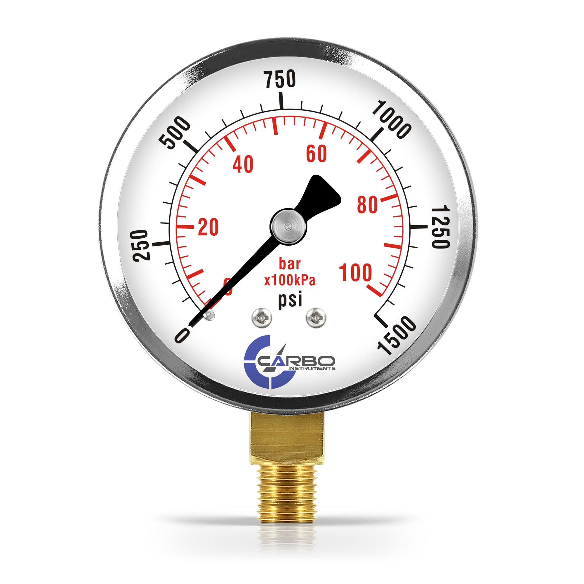 CARBO Instruments 2-1/2" Pressure Gauge, Chrome Plated Steel Case, Dry, 0-1500 psi/kPa, Lower Mount 1/4" NPT