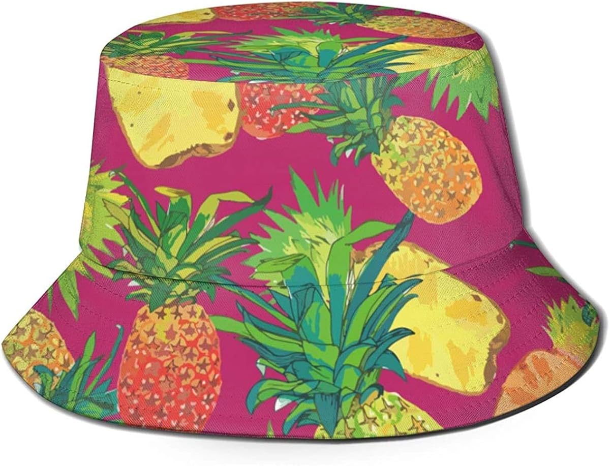 Unisex Tropical Fruit Pineapple Pattern Print Travel Bucket Hat Summer Fisherman Cap Sun Hat