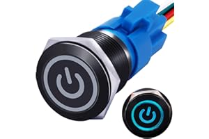 mxuteuk 19mm Waterproof Latching Push Button Switch 12V ON/Off Switch 1NO 1NC SPDT Black Metal with Blue Power Symbol Light with Wire Suitable for 3/4" Mounting Hole for Car Marine RV L-19-POWER-B-BU