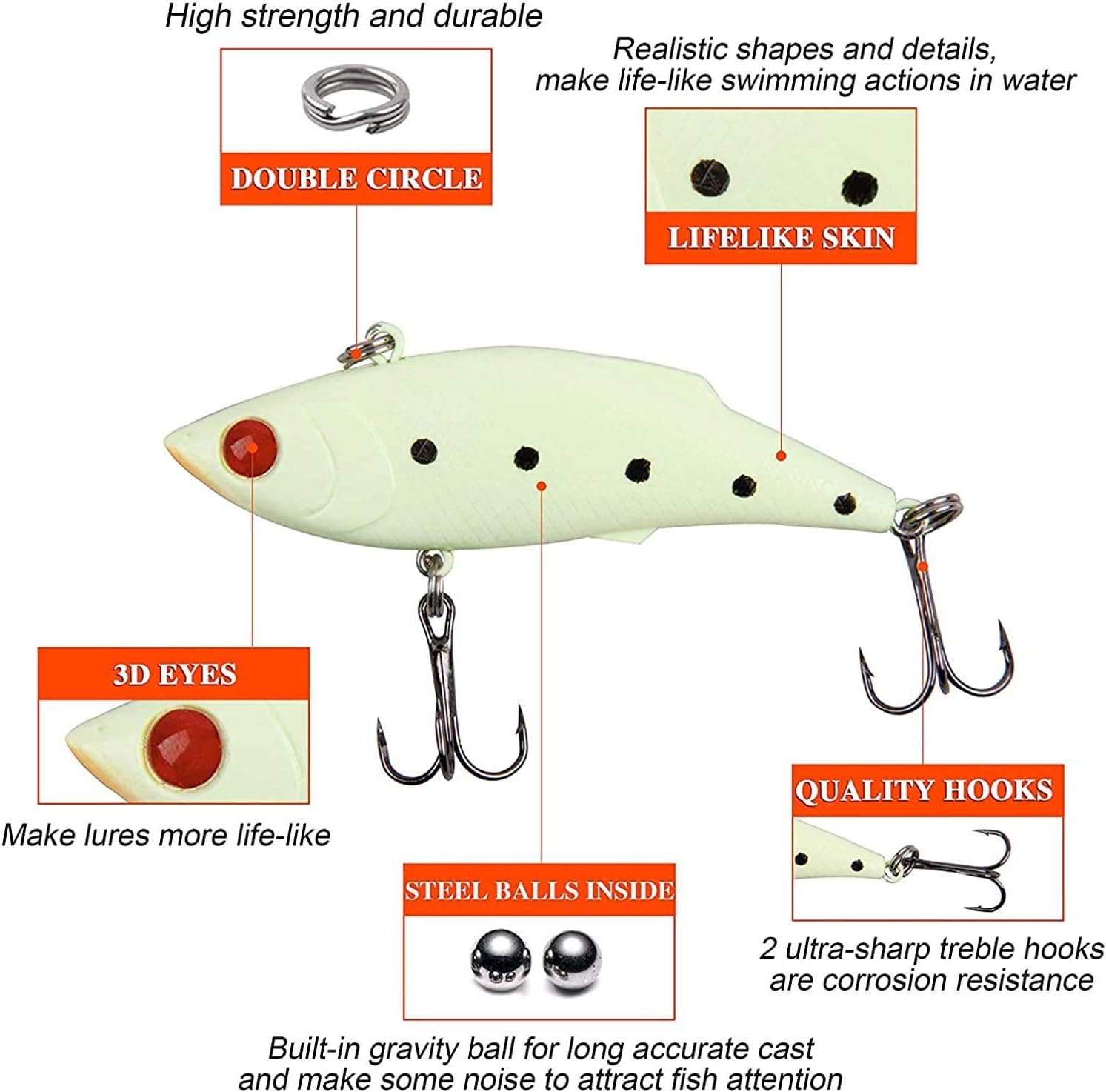 Glow Fishing Lures Kit Luminous VIB Popper Crank Minnow Pencil for Night Fishing Glow in The Dark Artificial Hard Baits with Treble Hook for Bass Trout Catfish Saltwater Freshwater - Image 3