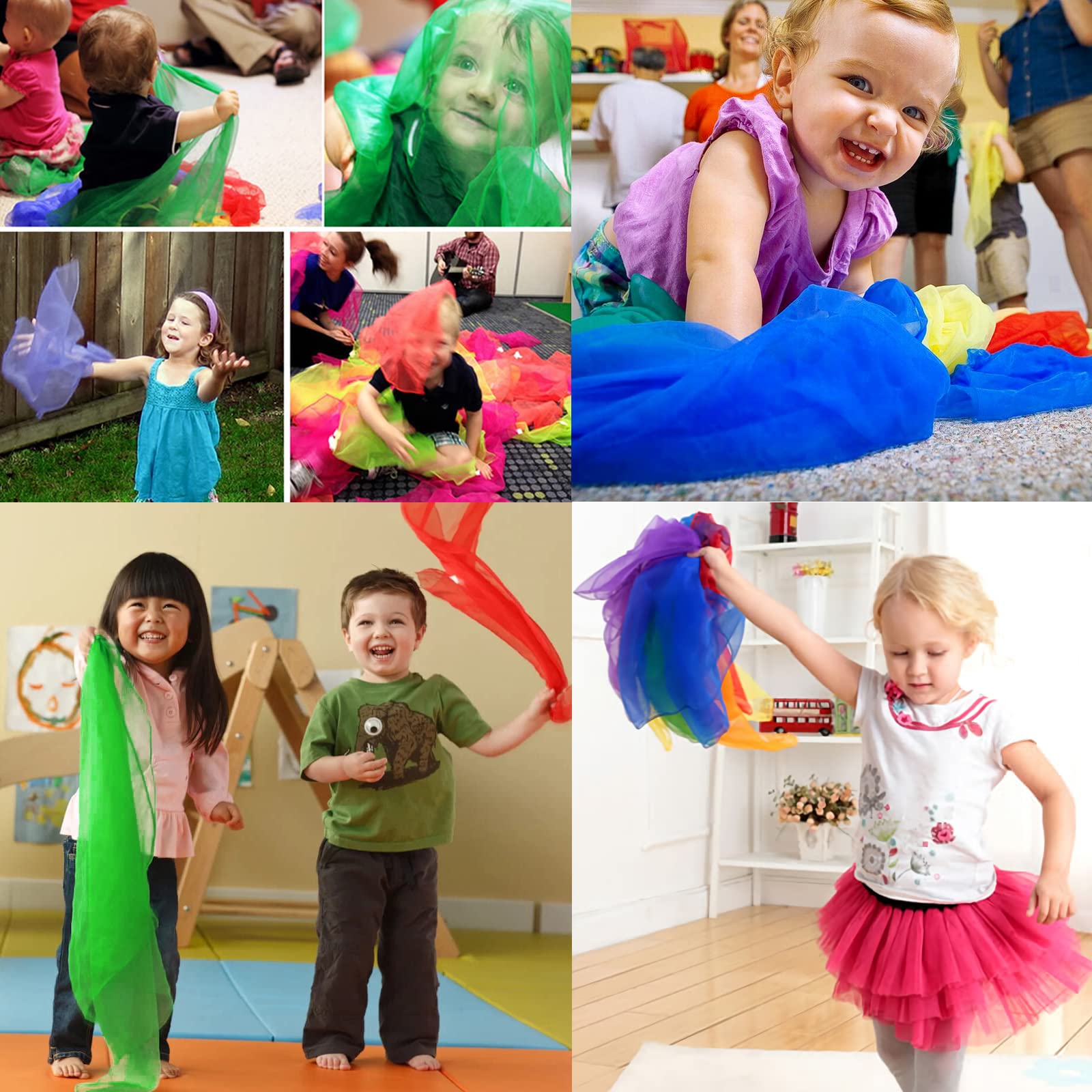 Lolakee Dance Scarves for Kids 12 Pcs - Upgraded Play Scarves for Babies, Toddlers, Children - Movement Square Juggling Silk Music Dancing Scarf - Rhythm Band Pro (6 Colors, 24