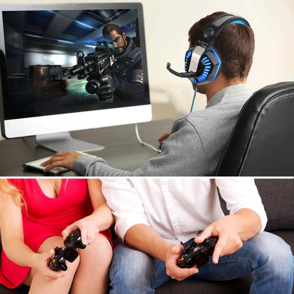 ARINO GM-2 Gaming Headset Over-Ear Kopfhörer mit LED Licht und Mikrofon für PS4 PC Xbox One Handy Spiele, Klangvolle Bässe Schwarz-Blau