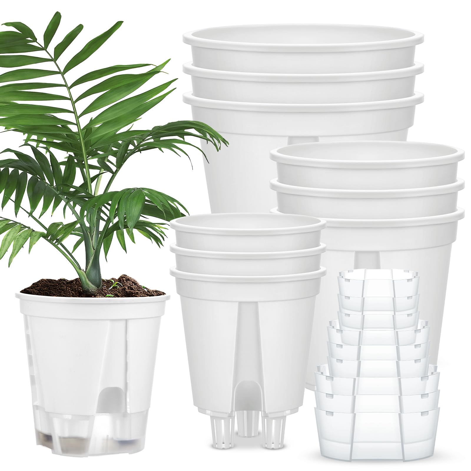 Photo 1 of Wonderjune 9 Pcs Self Watering Pots for Indoor Plants with Deep Reservoir and High Drainage Holes for Outdoor Plants and Flowers(White,4.72'', 5.91'', 7.09'')