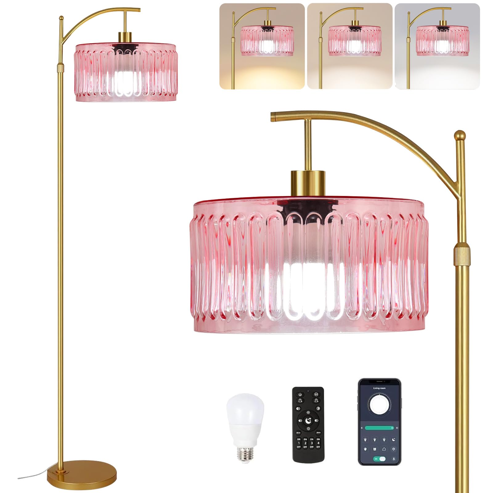 QIYIZM Pink Floor Lamp for Living Room,Bedroom,Gold Dimmable Standing Lamp with Remote,Mid Century Modern Brass Tall Lamp Boho Floor Lamps Arc Stained Glass Flower Floor Light Lamp Girls kids Bohemian Image