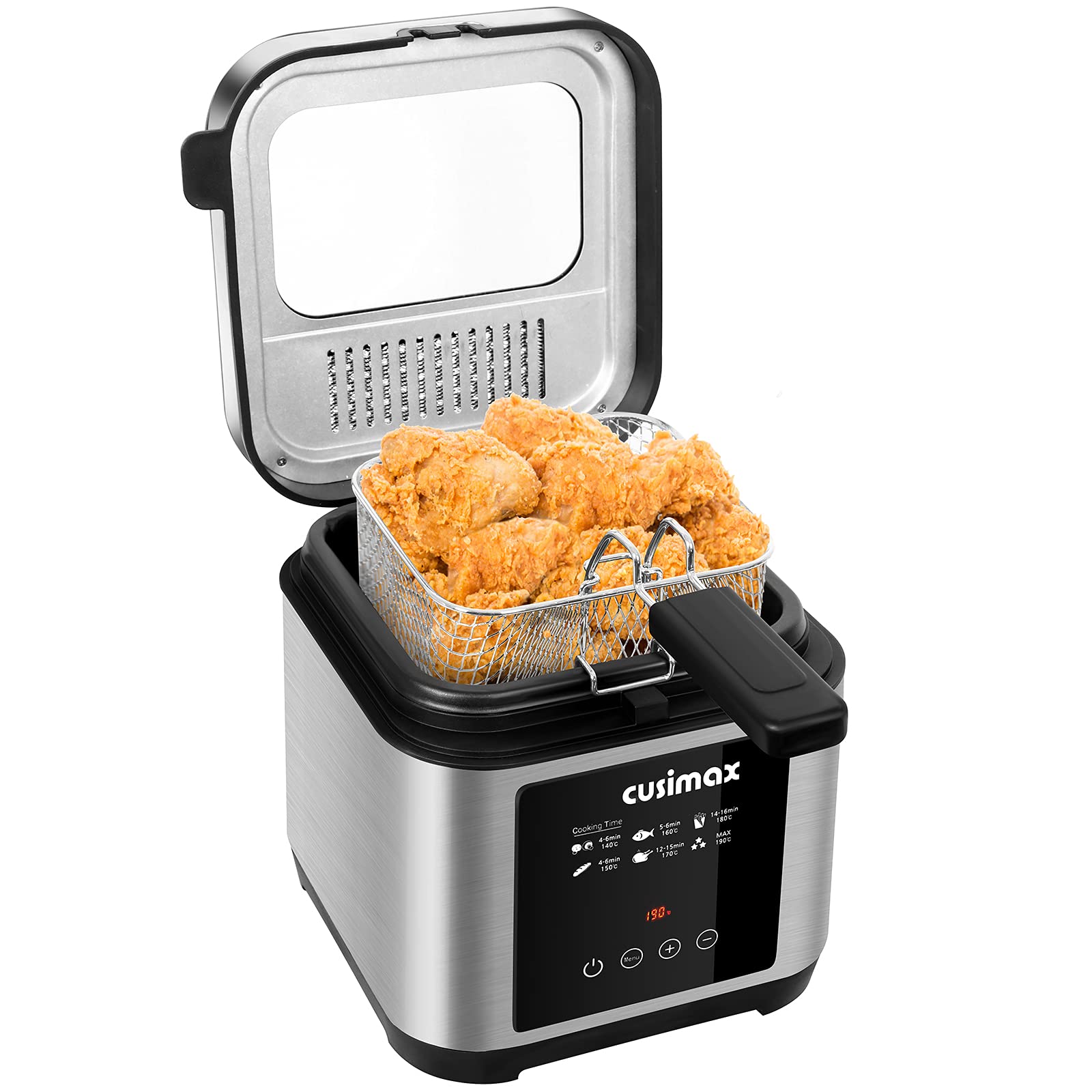CUSIMAX 2.5L Deep Fat Fryer, 1200W Touchscreen Compact Deep Fryer with Timer and Temperature Control, Stainless Steel Basket and Viewing Window, Removable Lid, Non-Stick Oil Tank, Black Silver
