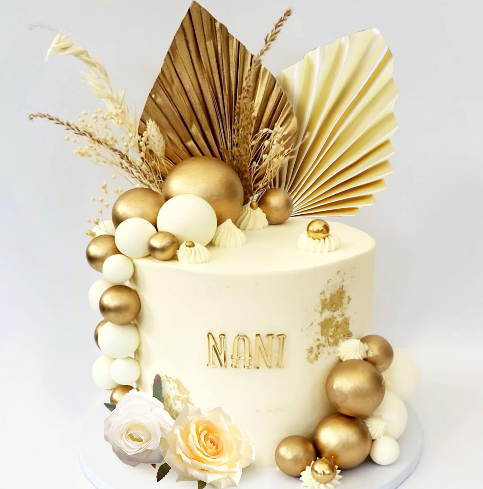 JeVenis Champagne Rose Cake Decorations Balls Cake Decoration Gold Palm Leaves Cake Decorations Boho Cake Decoration White Gold Ball Cake Topper Boho Party Supplies
