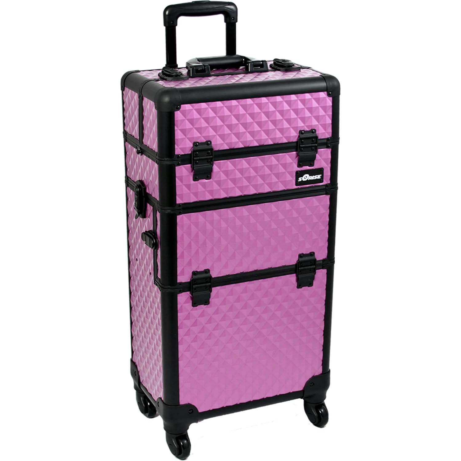 SUNRISE Makeup Case on Wheels 2 in 1 I3561 Hair Stylist Professional, 3 Trays and 1 Removable Tray, Locking with 2 Mirrors, Brush Holder and Shoulder Strap, Purple Diamond