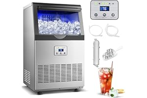 Amzgachfktch Commercial Ice Maker, 110lbs/24H Ice Maker Machine, Auto Self-Cleaning, LED Digital Display, Blue Light, Under Counter/Freestanding Ice Machine for Home/Office/Restaurant/Bar