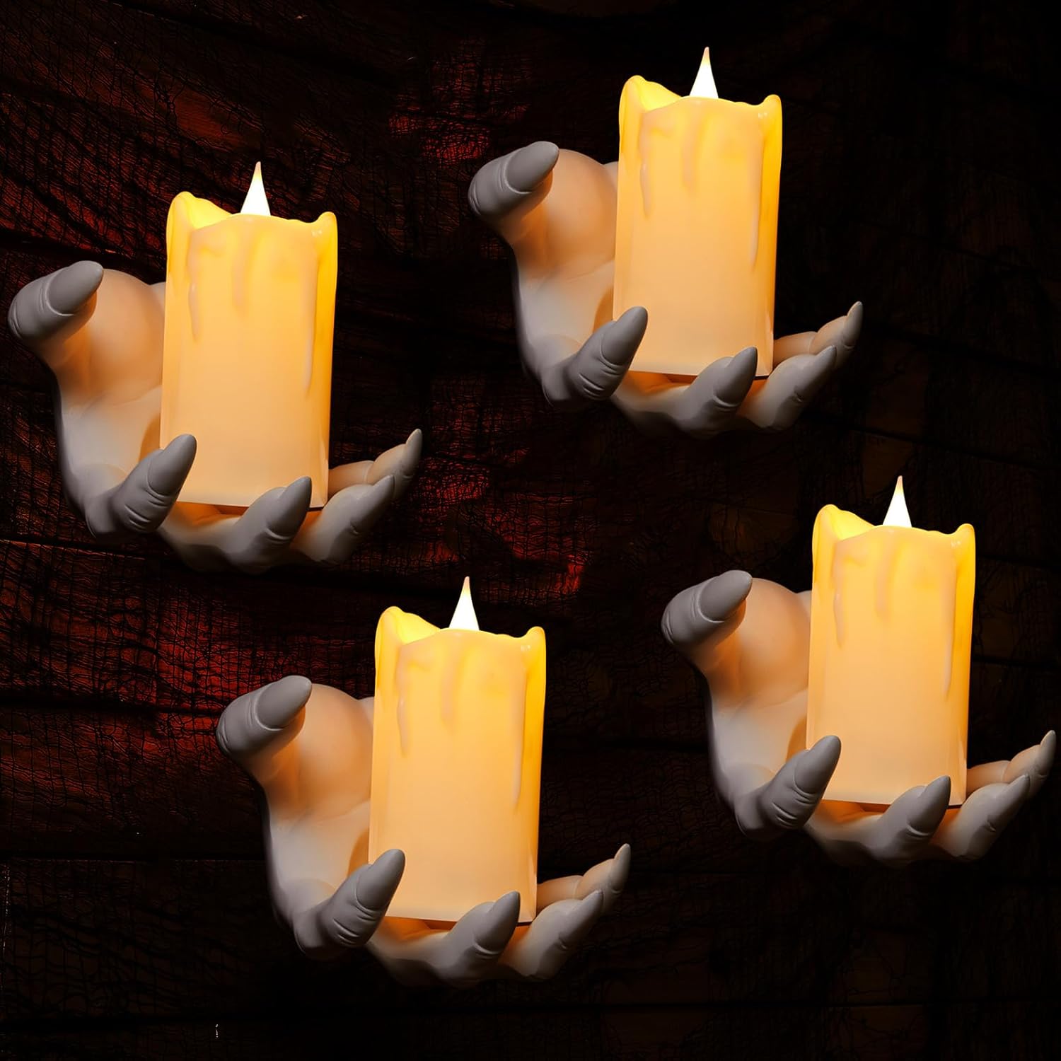 Ornaments - Hortsun Halloween Wall Sculpture with LED Flameless Candle Hand Wall Hook Gothic Wall Decor Wall Hangings Halloween Wall Art Spooky Wall Art Halloween Decor Spooky Home Decor (4 Set)