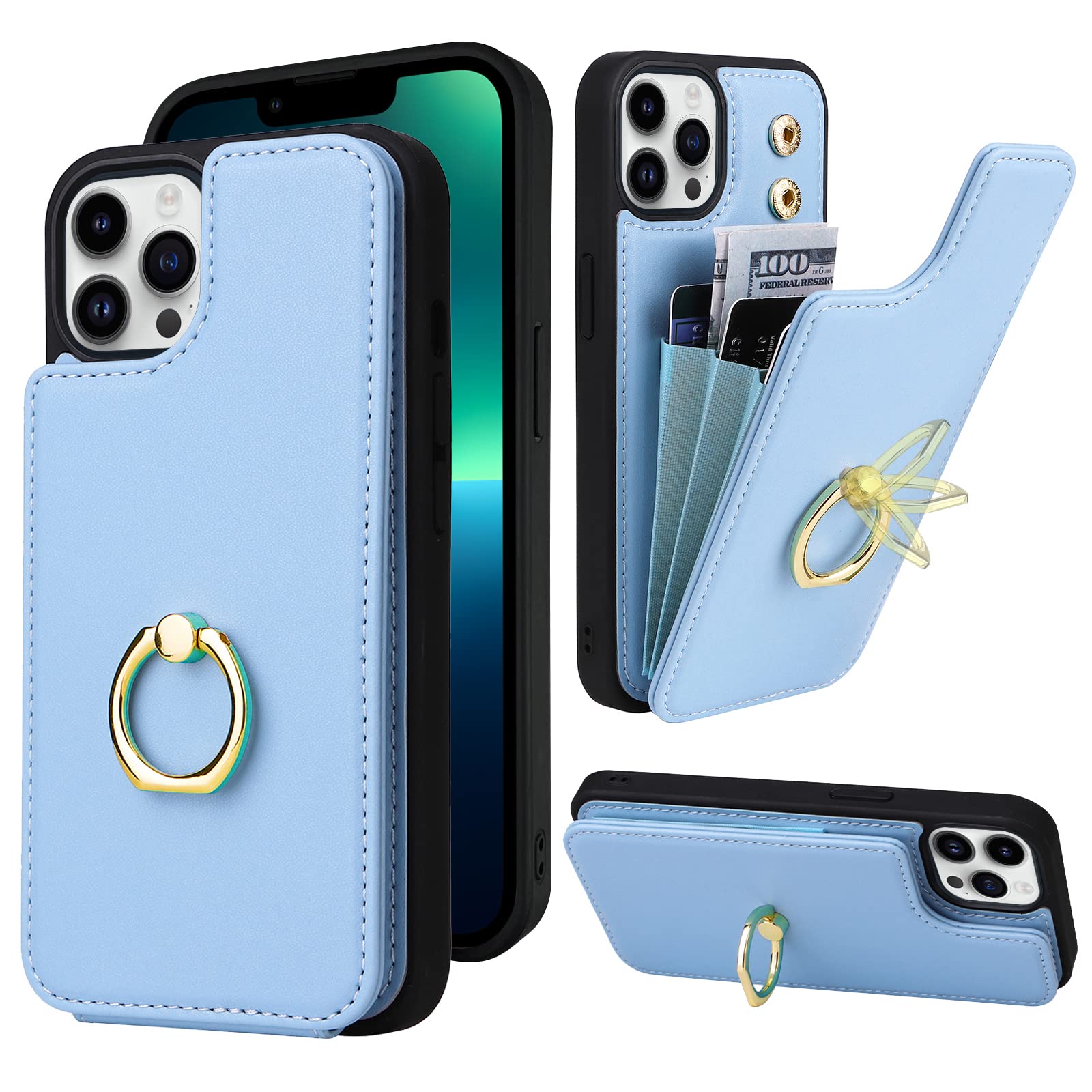 Photo 1 of TopPerfekt Compatible with iPhone 13 Pro Wallet Case with Card Holder, 360¡ã Rotation Finger Ring Holder Kickstand Protective RFID Blocking PU Leather Pattern Double Buttons Flip Cover 6.1" Sky Blue