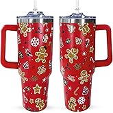 CHOKOMETRY 40 oz Christmas Gingerbread Tumbler With Handle Lid and Straw,5D Red Xmas Print Stainless Steel Insulated Travel Mug Christmas Coffee Cup Gifts for Men Women