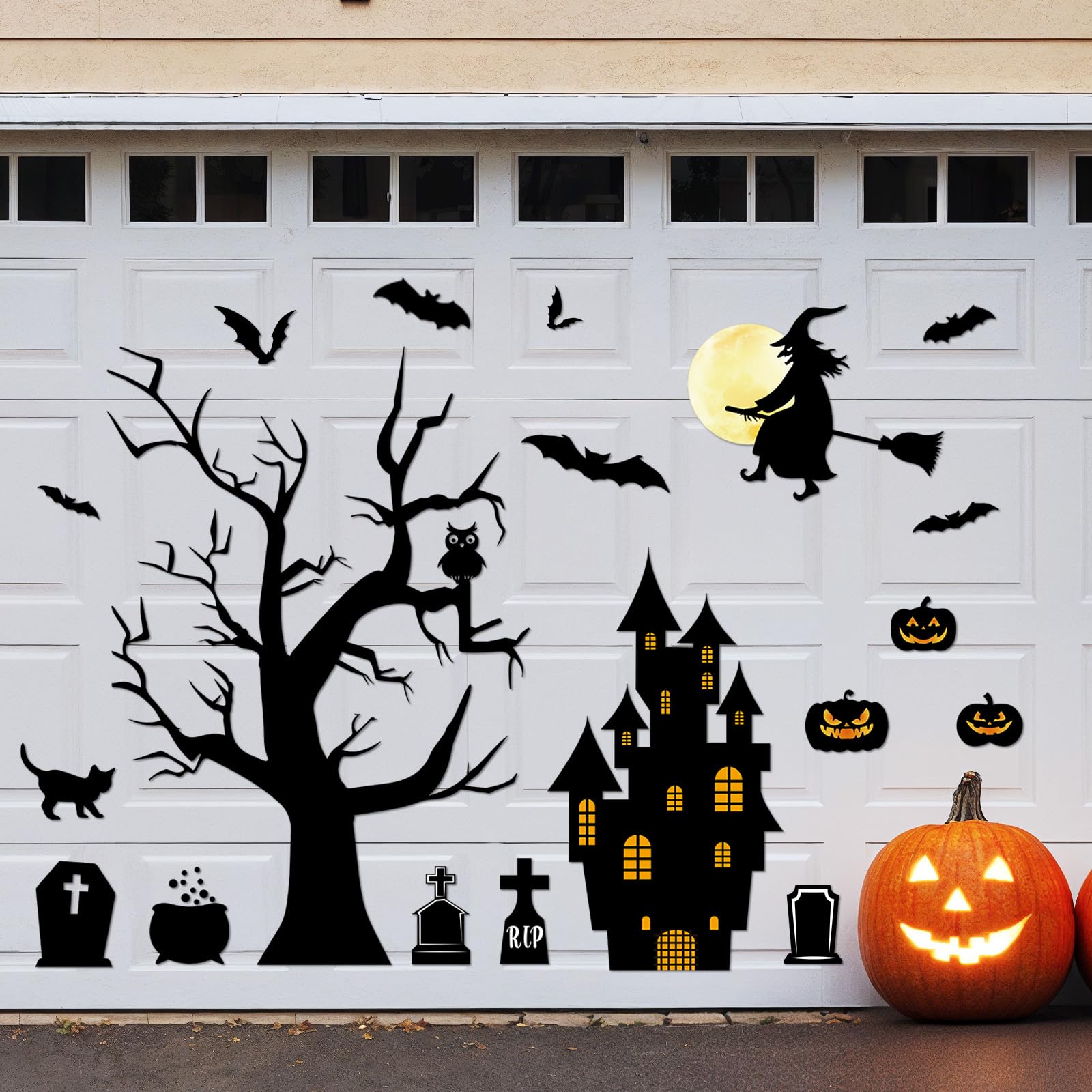 Photo 1 of 20Pcs Halloween Garage Door Decorations Black Magnet Stickers Witch Withered Tree Tombstone Pumpkin Bat Cat Large Magnetic Halloween Party Favors Decor Home Car Refrigerator Outdoor Windows Supplies