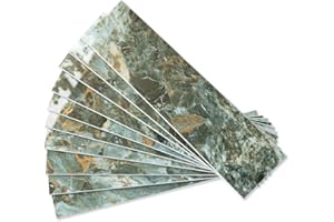 AULIGET 40-Piece Polished Green Marble with Gold Peel and Stick Backsplash Wall Tiles, 3" x 12" PVC Faux Stone Stick on Tiles