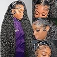 UVVUVV Deep Wave Lace Front Wigs - Human Hair, 180 Density, 13x6 HD Lace Frontal, Pre Plucked, Deep Curly, Glueless, Baby Hair, Curly Wigs for Women, Natural Color, 20 Inch