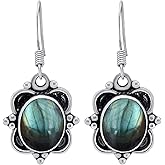 Natural Oval Gemstones Dangle Earrings for Women - Silver Plated Handmade Vintage Style Bohemian Birthstone Jewelry Earrings - Wedding Christmas Mother's Day Women's Day Gifts for Her