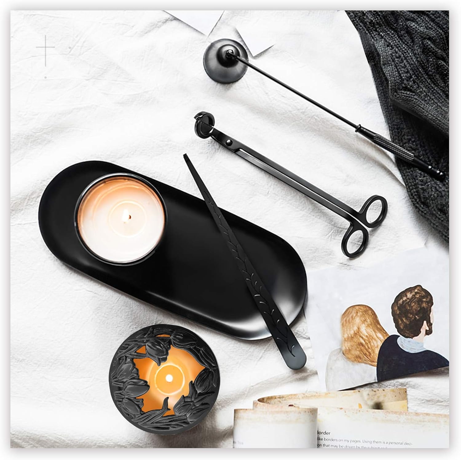 JUTTIRA Candle Snuffer Accessory Set 5 in 1,Candle Wick Trimmer and Candle Snuffer,Wick Dipper,Candle Topper with Tray,Candle Tool Set with Gift Package for Candle Lovers Black: Home & Kitchen