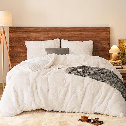 PHF Shaggy Fluffy Faux Fur Duvet Cover Set Queen Size,Luxury Warm Plush Comforter Cover for Winter Fall,3PCS Soft Lightweight Velvet Cozy Bedding Set with Furry Pillowcases,Aesthetic Room Decor,Cream