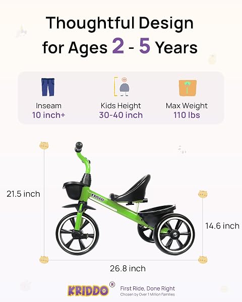 KRIDDO TRICYCLES AGE 24 MONTH TO 4 YEARS, TODDLER KIDS TRIKE FOR 2.5 TO 5 YEAR OLD, GIFT FOR 2-4 YEAR OLDS , GREEN