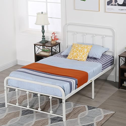 VECELO Vintage Metal Bed Frame Twin Size Platform with Headboard and Footboard,Premium Steel Solid Sturdy Metal Slat Support/No Box Spring Needed,White