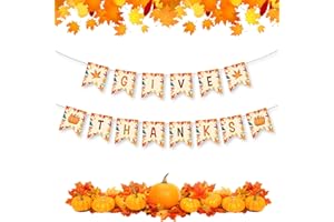 LITMITFU Give Thanks Banner - Happy Thanksgiving Decorations Banners, Fall Maple Leaf Pumpkin Sign Garland Backdrop Banner for Thanksgiving Party Supplies Favors Indoor Outdoor Home Office Wall Door Decor