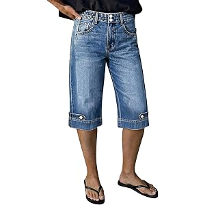 Flamingals Womens Barrel Leg Capri Jeans High Waist Knee Length Dual Button Casual Summer Casual Denim Jeans for Women