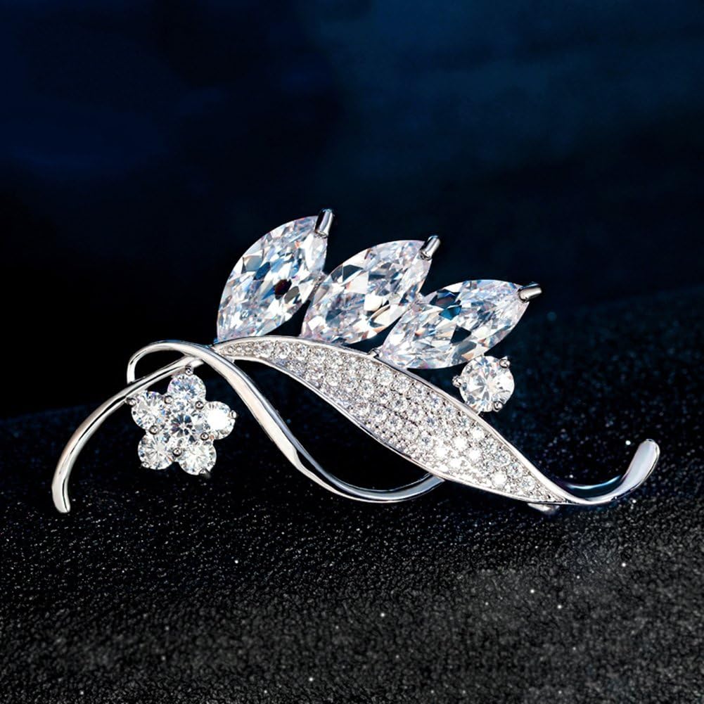 Hanie Silver Brooch, Hypoallergenic 18K Gold/White Gold-Plated, Flower Leaf Brooch with 5A White Cubic Zirconia - Image 4