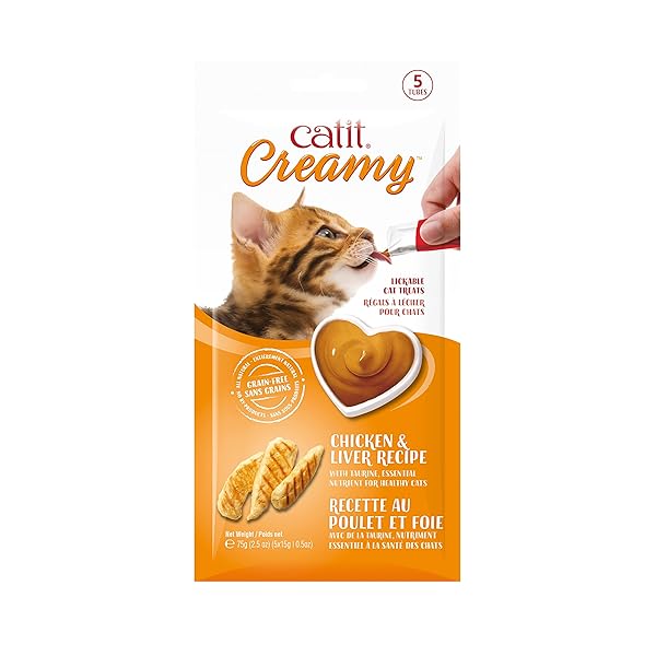CATIT CREAMY LICKABLE CAT TREAT – HYDRATING AND HEALTHY TREAT FOR CATS OF ALL AGES – CHICKEN & LIVER, 5-PACK