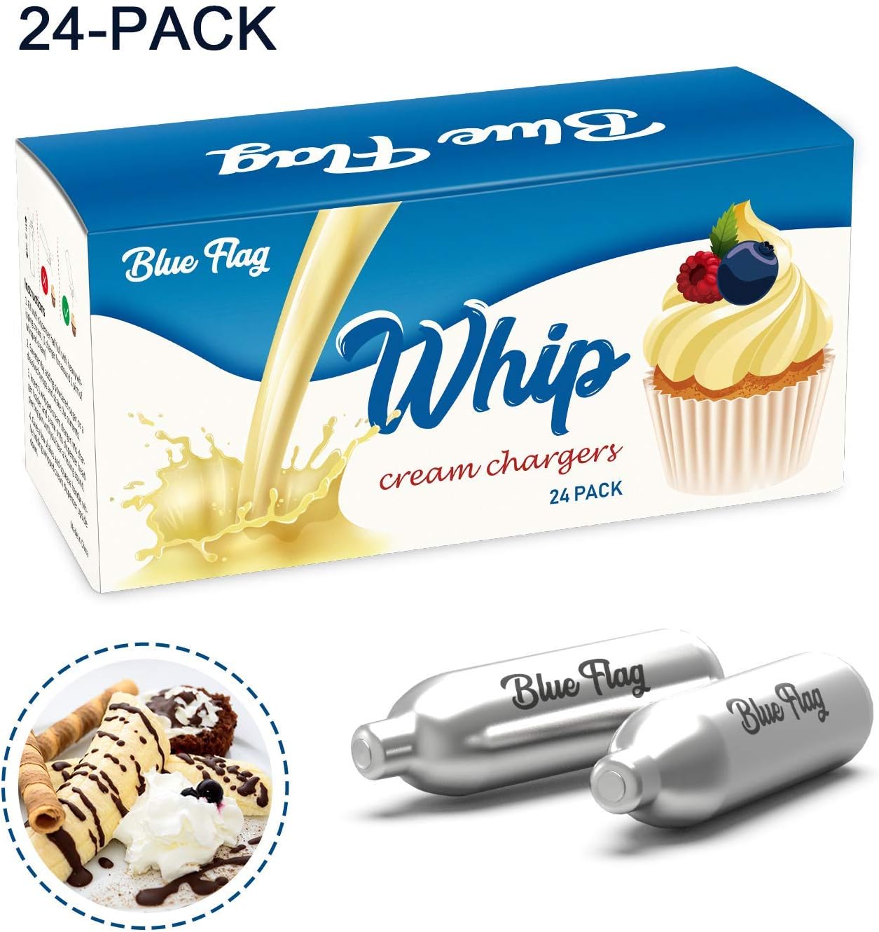 Blue Flag Whipped Cream Chargers N2O Nitrous Oxide 8-Gram Cartridge for Whipper Whipped Cream Dispenser (24 Pack)