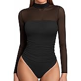 MANGOPOP Women's Mock Turtle Neck Bodysuit Mesh Ruched Short Long Sleeve Body Suit Sexy Sheer Trendy Going Out Outfits Tops