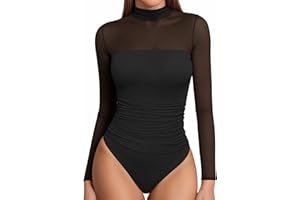 MANGOPOP Women's Mock Turtle Neck Bodysuit Mesh Long Sleeve Body Suit Sexy Ruched Sheer Going Out Fall Tops 2025