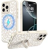 MOWIME Magnetic for iPhone 16 Pro Case with Finger Strap, Compatible with Magsafe, Cheetah Print Pattern for Women Girls, Slim Shockproof Soft TPU Case for iPhone 16 Pro 6.3 Inch, White