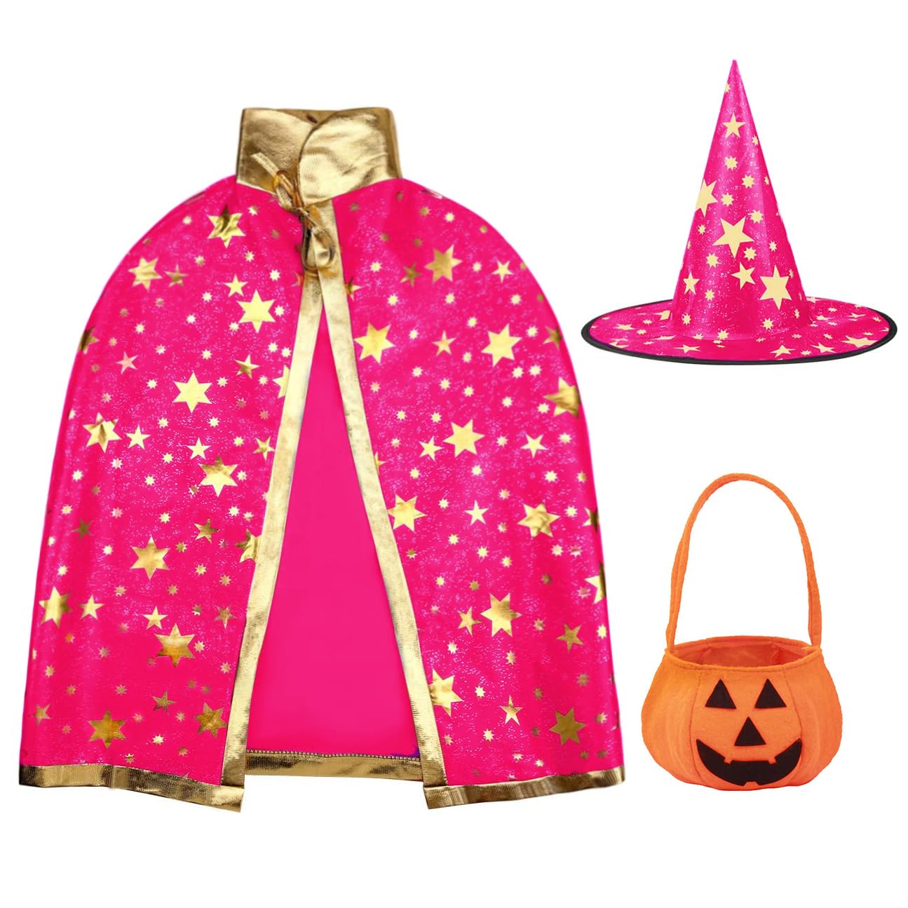 Naichuo Halloween Wizard Cape Witch Star Pattern Costume Cloak with hat for Boys Girls Children Kids Role Play Cosplay Party(Rose)
