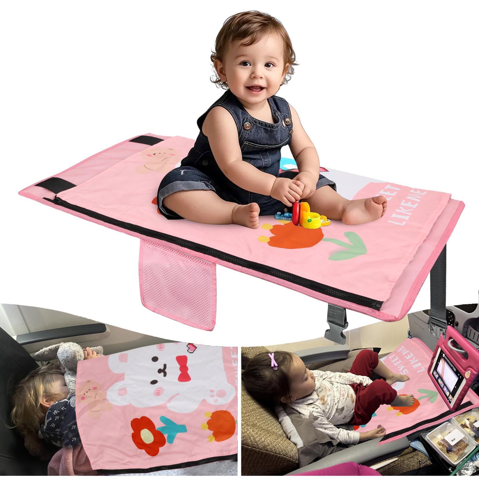 Photo 1 of TIOKVIOP Kids Airplane Bed with Quilt, Safe and Cozy Toddler Airplane Bed, Toddler Travel Essential Seat Extender for Babies, Airplane Must Have for Toddlers (Pink)