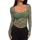 REORIA Womens Sexy Sheer Mesh Tops Floral Lace Long Sleeve Shirts Low Cut Slim Fitted Outfits See Through Going Out Blouses