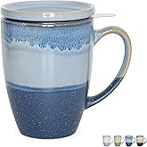 Bosmarlin Ceramic Tea Cup with Infuser and Lid, 13.5 Oz, 4 Colors to Choose, Microwave and Dishwasher Safe, Steeping Tea Mug with Strainer, Reactive Glaze (Blue)