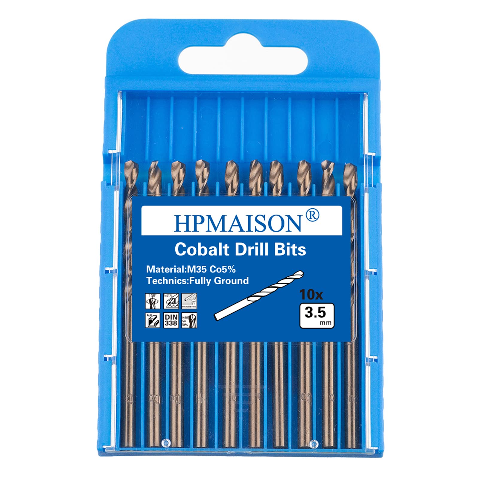 HPMAISON True 5% Cobalt Jobber Drill Bit Set, 10Pcs 3.5mm M35 High Speed Steel Twist Drill Bits, 135° Split Point Extremely Heat Resistant for Stainless Steel, Cast Iron, Hard Metal, Plastic, Wood — image 1