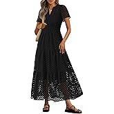 PRETTYGARDEN Womens 2026 Summer Maxi Dress Short Sleeve V Neck Hollow Out Eyelet A Line Long Flowy Beach Vacation Dresses