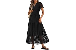 PRETTYGARDEN Womens 2025 Summer Maxi Dress Short Sleeve V Neck Hollow Out Eyelet A Line Long Flowy Beach Vacation Dresses