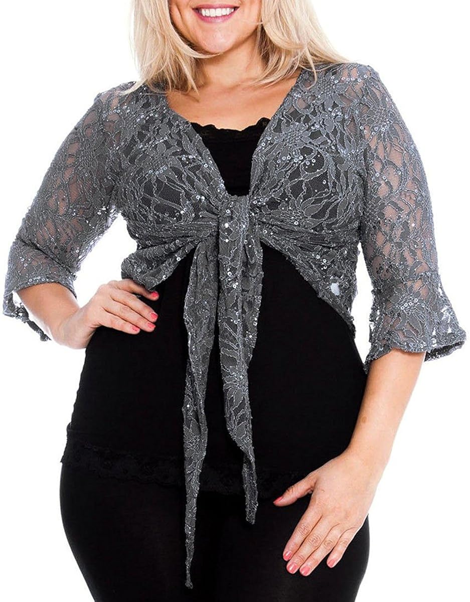 F4S® Womens Plus Size Floral Lace Cropped 3 Quarter Short Sleeve Bolero
