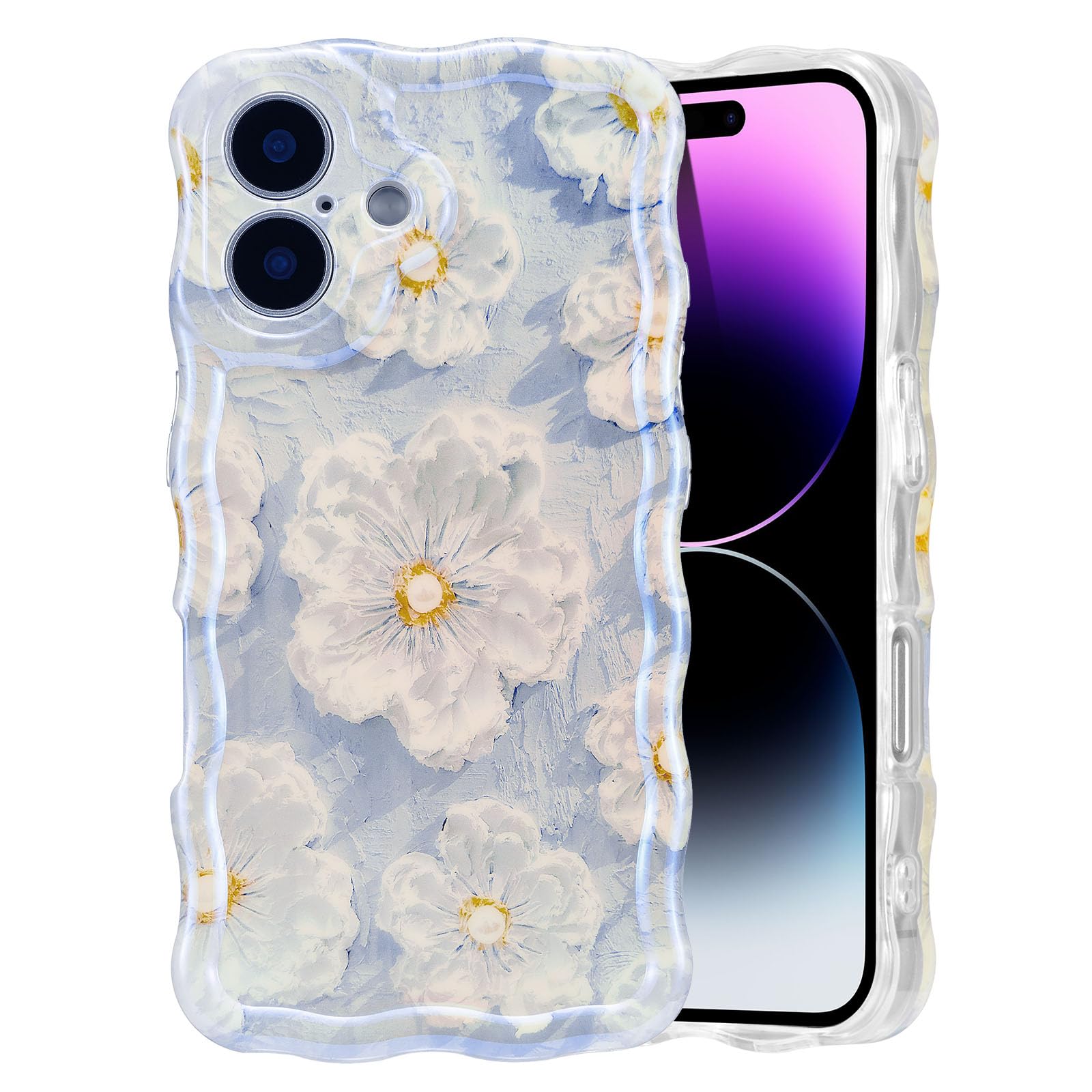 EYZUTAK Case for iPhone 16 Plus, Colorful Oil Painting Flower, Light Blue