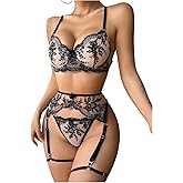 SHENHE Women's 3 Piece Floral Embroidery Sheer Lingerie Set with Garter Belts Sexy Bralette Set