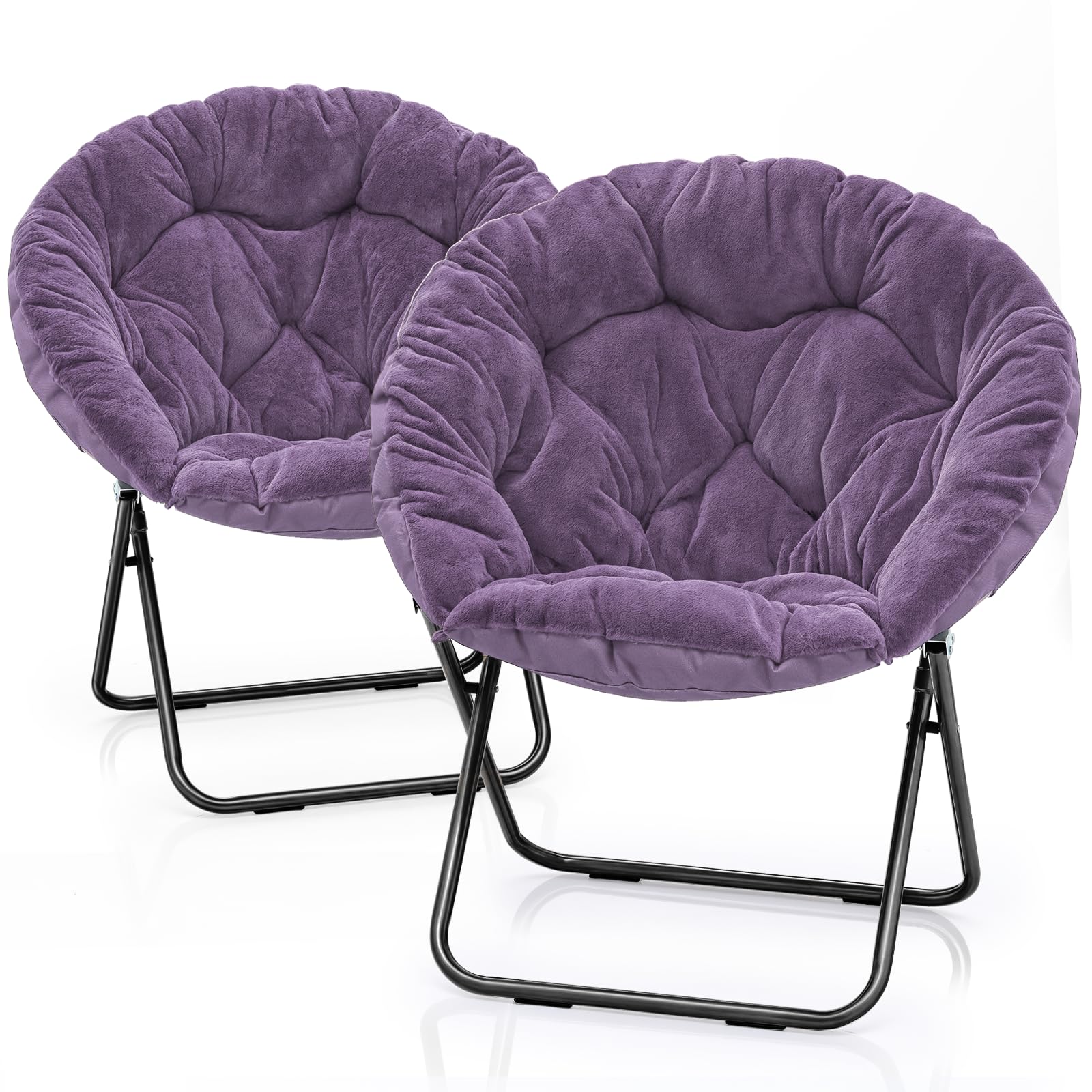 Magshion Saucer Chair for Teens Adults, Oversized Folding Cozy Moon Chair with Black Metal Frame, Furry Faux Fur Comfy Lazy Seat for Bedroom, Living Room, Dorm Room, Apartment (Purple, 2 Pack)