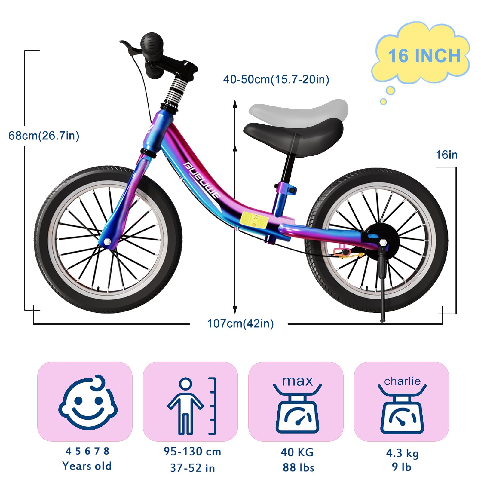 16 inch Balance Bike 4 5 6 7 8 Year Old Boys Girls,No Pedal Training Bicycle with Brakes and Kickstand,Outdoor Sports Birthday Gift